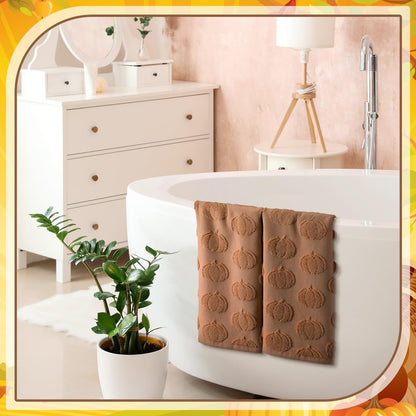 Mindsoft 2 Pcs 3D Brown Pumpkin Jacquard Fall Hand Towels for Bathroom Pumpkin Towels Thanksgiving 100% Cotton Soft Absorbent Decorative Weave Bathroom Decor Gift, 13.7 x 29.5 Inch