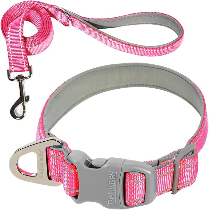 Dog Collar for Medium Small Large Dogs Reflective with Leash,Collar and Leash for Dogs,Soft Neoprene Padded 2 Pack(Pink,L)