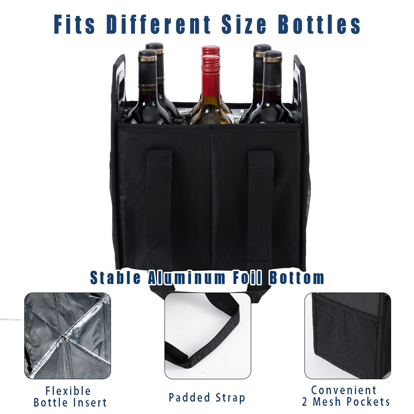 LUILANC 6 Bottle Wine Carrier Collapsible Reusable Portable Wine Bottle Carrier Case for Tote Bag Moving, Vacation Bottle Caddy Grocery Shopping Wine Tasting Accessory, Black