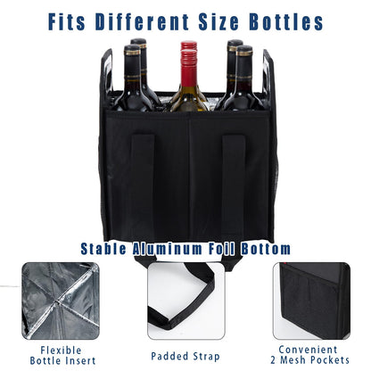 LUILANC 6 Bottle Wine Carrier Collapsible Reusable Portable Wine Bottle Carrier Case for Tote Bag Moving, Vacation Bottle Caddy Grocery Shopping Wine Tasting Accessory, Black