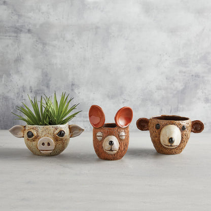 47th & Main Unique Textured Shaped Ceramic Planter Flower Pot for Succulents Small Plants and More, Large, Bear Face