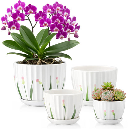 Acellegic 4 Pack Ceramic Orchid Pots with Drainage Holes and Tray 3.35+4.33+5.51+6.61 Inch Ceramic Plant Pot White Garden Planter for Indoor Outdoor Home Decor Gifts for Plant Lovers