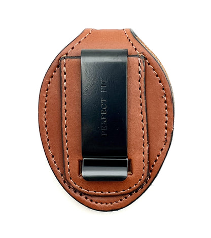 Perfect Fit Universal Oval Police Badge Holder Shield with Metal Belt Clip and Bead Chain Necklace, Hook and Loop Closure, Tan Leather