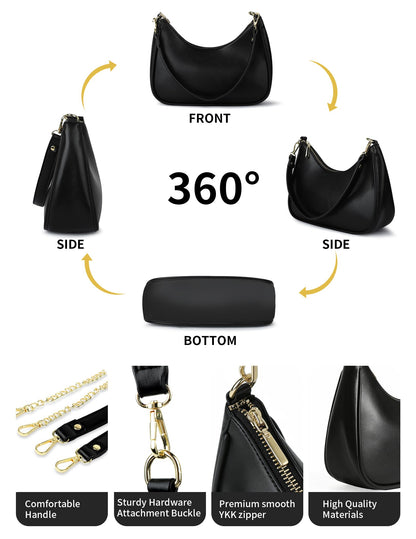 Mivorica Small Shoulder Bag for Women - Trendy mini Crescent Purse & Handbag with Detachable Chain Strap - Cute Mini Hobo Clutch for Travel & Party, Classic Black Faux Leather