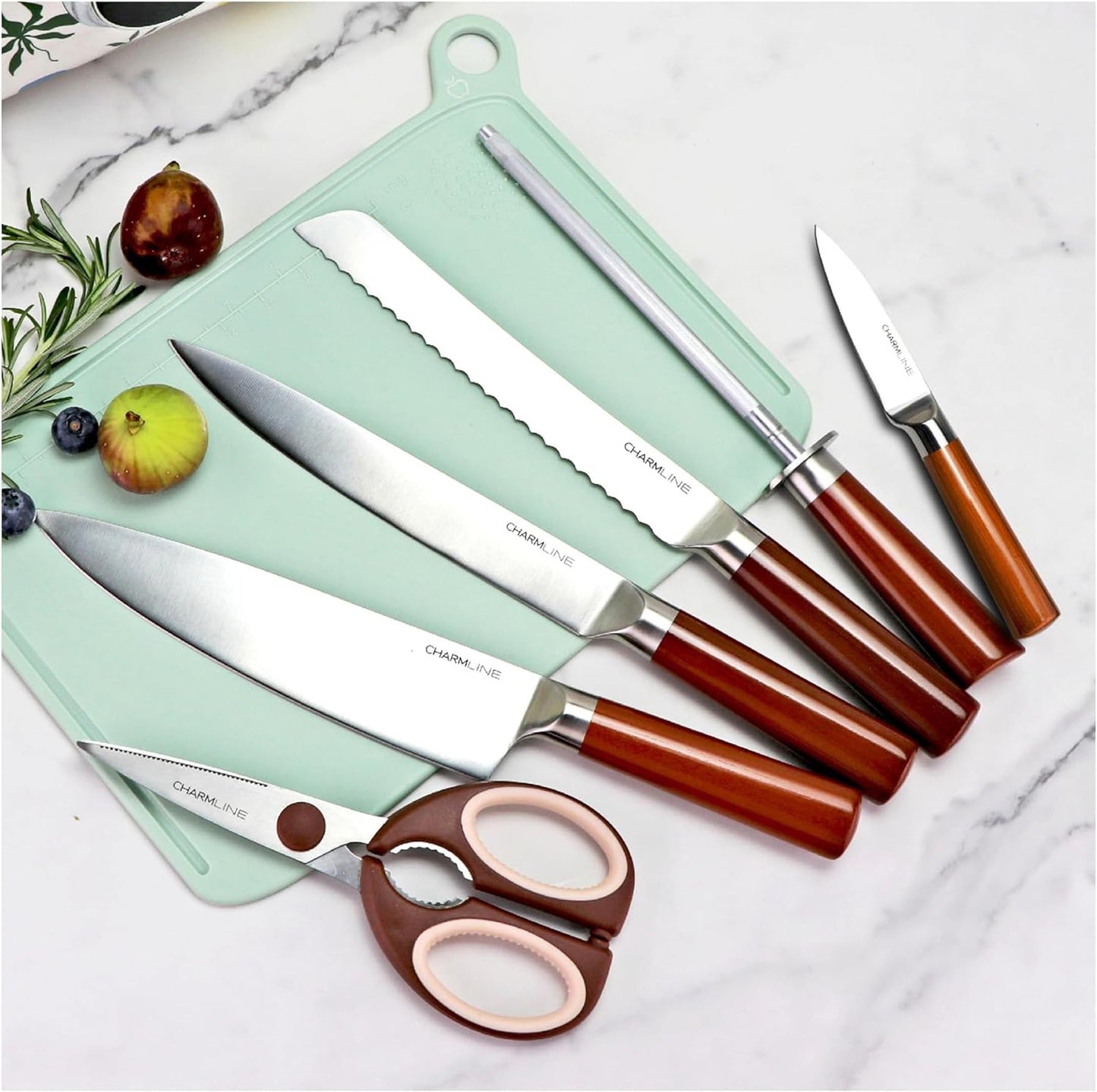 Charmline Smart Cutting Board and Knife Set with Holder, Double Cleaning and Drying Function, Space Saving Smart Home Gadgets, Keeping Kitchen Clean and Tidy, Brown