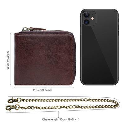 boshiho Real Leather RFID Blocking Bifold Wallets for Men Double Zipper Coin Pocket Purse with Anti-Theft Chain (Coffee 02)