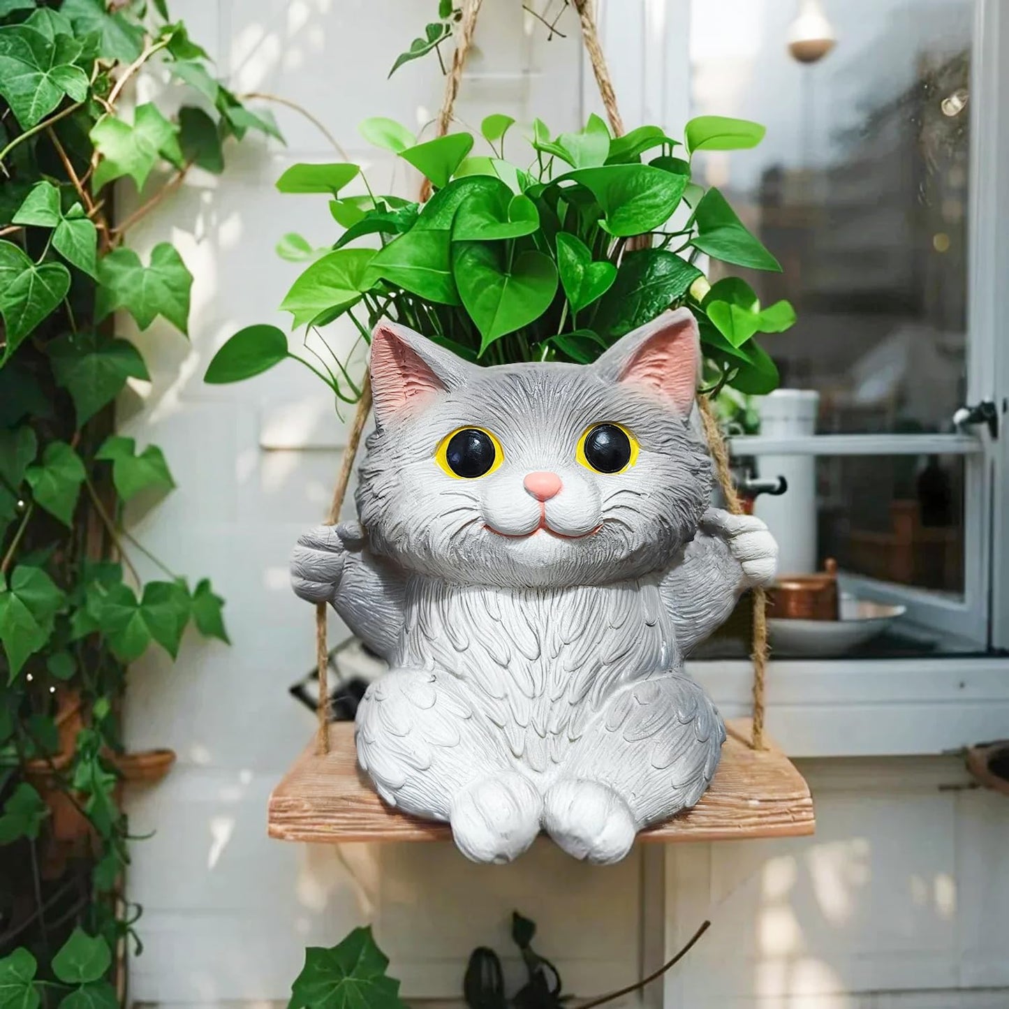 Pyoimmne Cat Hanging Planters for Indoor Outdoor Plants, Small Cute Hanging Pots for Succulent, String of Pearls Plant, Resin Hanging Flower Pots with Drainage Hole, Unique Gift, Garden Home Decor