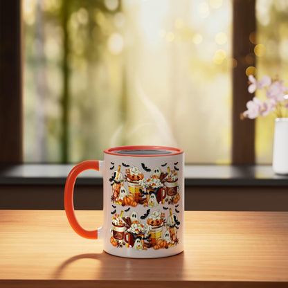 Halloween Pumpkin Spice Funny Ghost Bats Decor Candy Corn Ceramic Mug, Orange/White