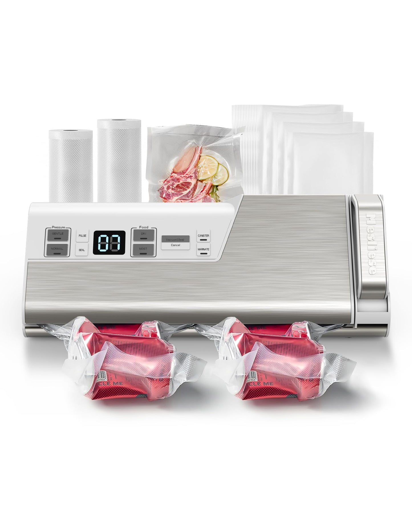 Mesliese Vacuum Sealer Machine, 95kPa 140W Double Seal Powerful Food Sealer, One Hand Operation Food Storage with Build-in Cutter & Roll Storage, Includes 2 Bag Rolls, 5pcs Pre-cut Bags white