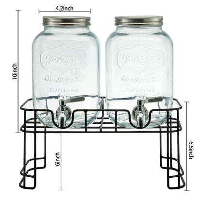 1 Gallon Glass Drink Dispensers for Parties, 2PACK Beverage Dispenser with Stand, Ice Cylinder and Stainless Steel Spigot 100% Leakproof, Beverage Dispenser for Lemonade Sun Tea