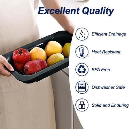 Extendable Sink Colander Strainer Basket - Wash Vegetables and Fruits, Drain Cooked Pasta and Dry Dishes - Adjustable Over the Sink Colander Collapsible Drainer Basket -Gray