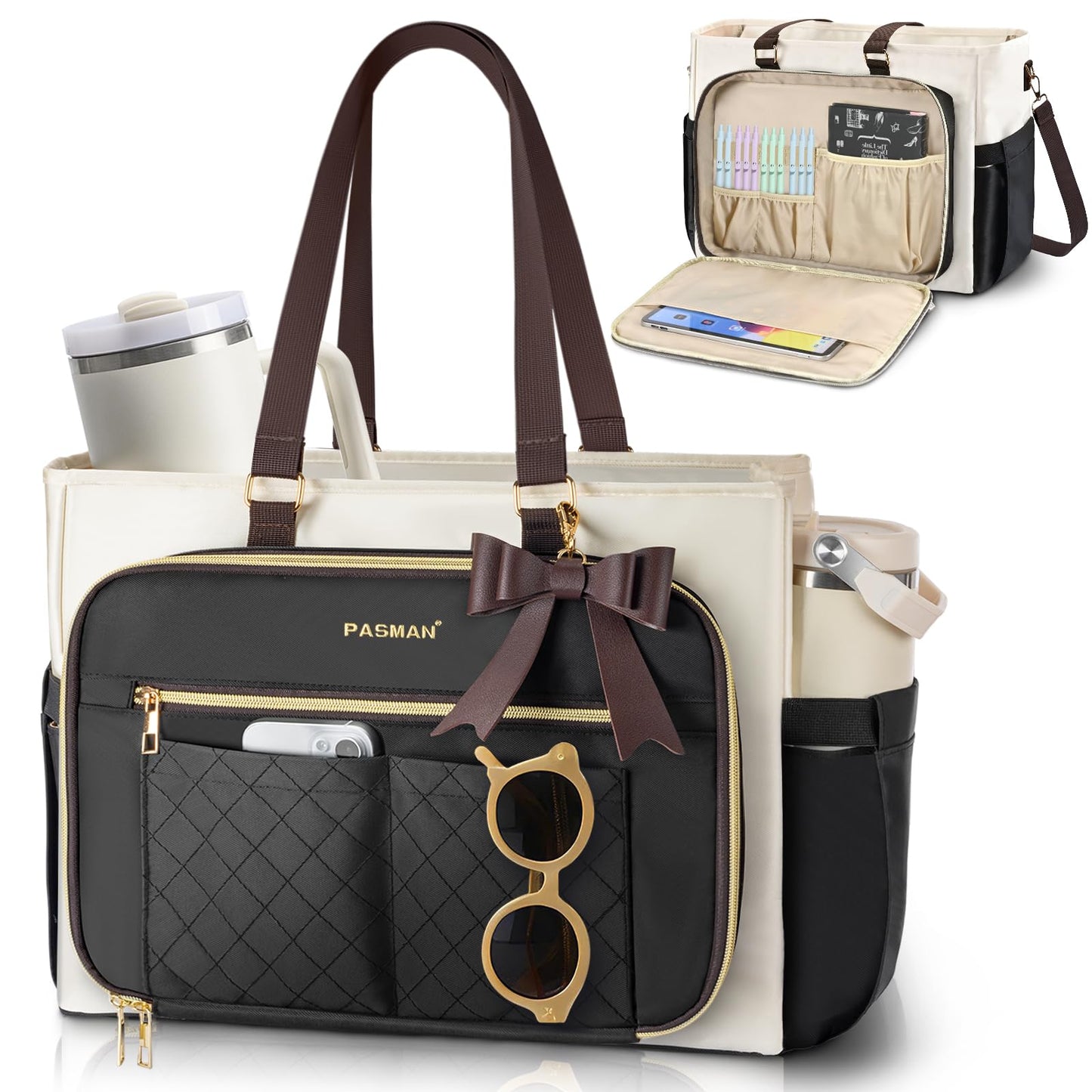 Teacher Tote Bag for Women,Multi-Pocket Laptop & Nurse Work Bag with Cup Holder,Structured Business Briefcase Computer Purse