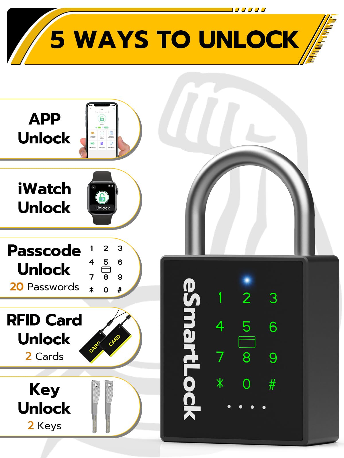 Pothunder Heavy Duty Smart Padlock, Outdoor Padlock with Key Code and RFID, Weatherproof Biometric Digital Lock for Gate, Sheds, Fence, Garage, Locker, Storage Unit