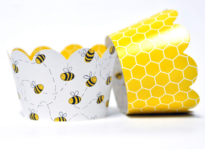 Honey Bee Cupcake Wrappers for Gender Reveal, Birthday Parties, Bridal Showers, Baby Showers, or Backyard Summer gatherings. Set of 24 Honey Bee Scalloped Cup Cake Holder Wraps. Yellow, Black