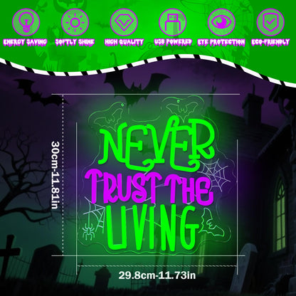 Ajoyferris Never Trust The Living Neon Sign Halloween Neon Signs for Wall Decor Dimmable Tombstone Led Sign Gothic Haunted House Neon Lights for Windows Halloween Party Decor