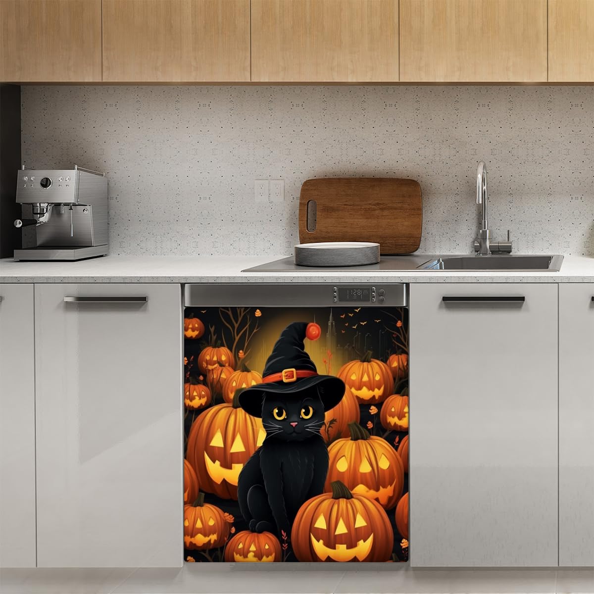 Dishwasher Magnet Cover Halloween Pumpkin Pattern Cut Cat Decorative Magnetic Dishwasher Sticker Front Dishwasher Door Cover 23"x26" for Refrigerator Panel Washing Machine Kitchen Decor