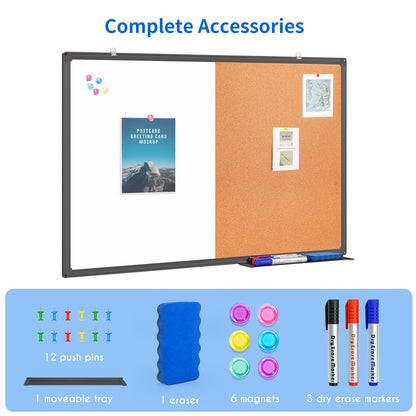 Magnetic White Board and Cork Board Combo, 24 X 18 inches Whiteboard Bulletin Combination Board, Wall Mounted Dry Erase Message Board for Home, School and Office, Black