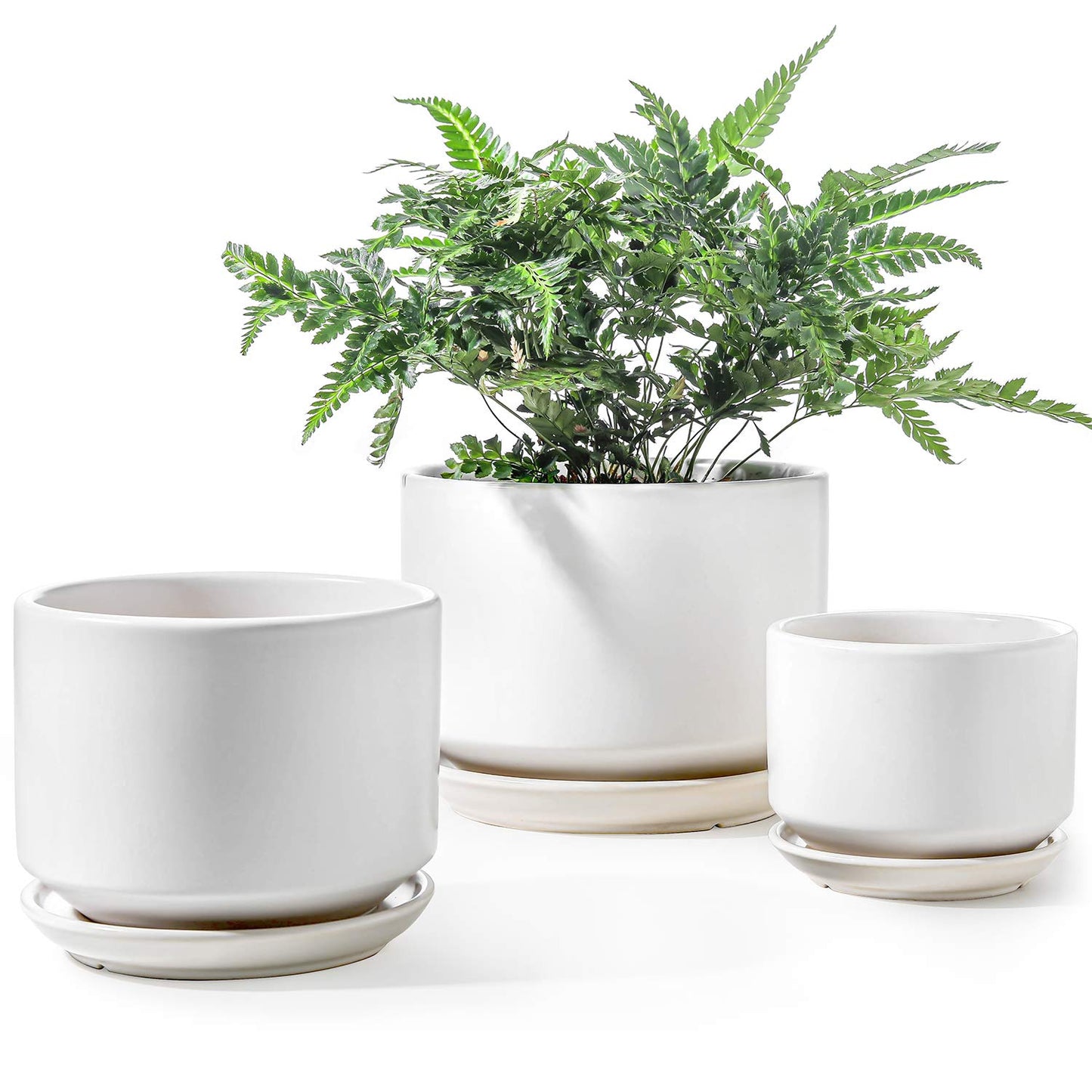 LE TAUCI Ceramic Pots for Plants, 4.3+5.3+6.8 Inch Plant Pots, Set of 3, Planters with Drainage Hole and Saucer, Indoor Flower Pot with Hole Mesh Pad, Gifts for Mom, White