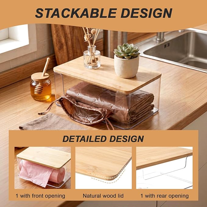2 Pack Trash Bag Holder, Stackable Garbage Bag Dispenser with Lid | Clear Plastic Organizer with Bamboo Lid, Space-Saving Under Sink Storage for Kitchen, Laundry Room, Pantry & Cabinet