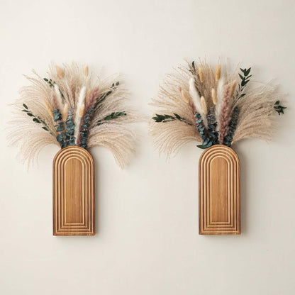 2 Pack Wooden Wall Vase Set with Pampas Grass Eucalyptus, Modern Farmhouse Boho Wall Decor for Living Room, Entryway, Hallway, Bathroom, Dining Room, Brown Wall Art for Home Decoration