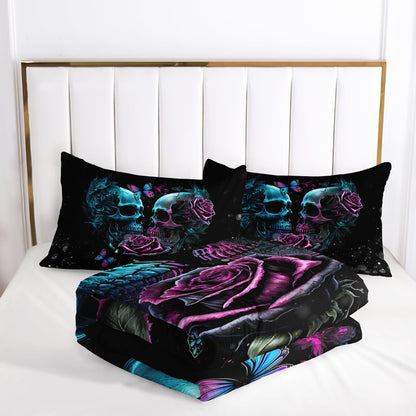 Tuzaovy Skull Bedding Set Queen Size,Goth Bedding Sets Queen with Comforter,Skull Comforter Set,Rose Comforter Halloween Skull Bed Comforter,Black Bedding Skull Quilt