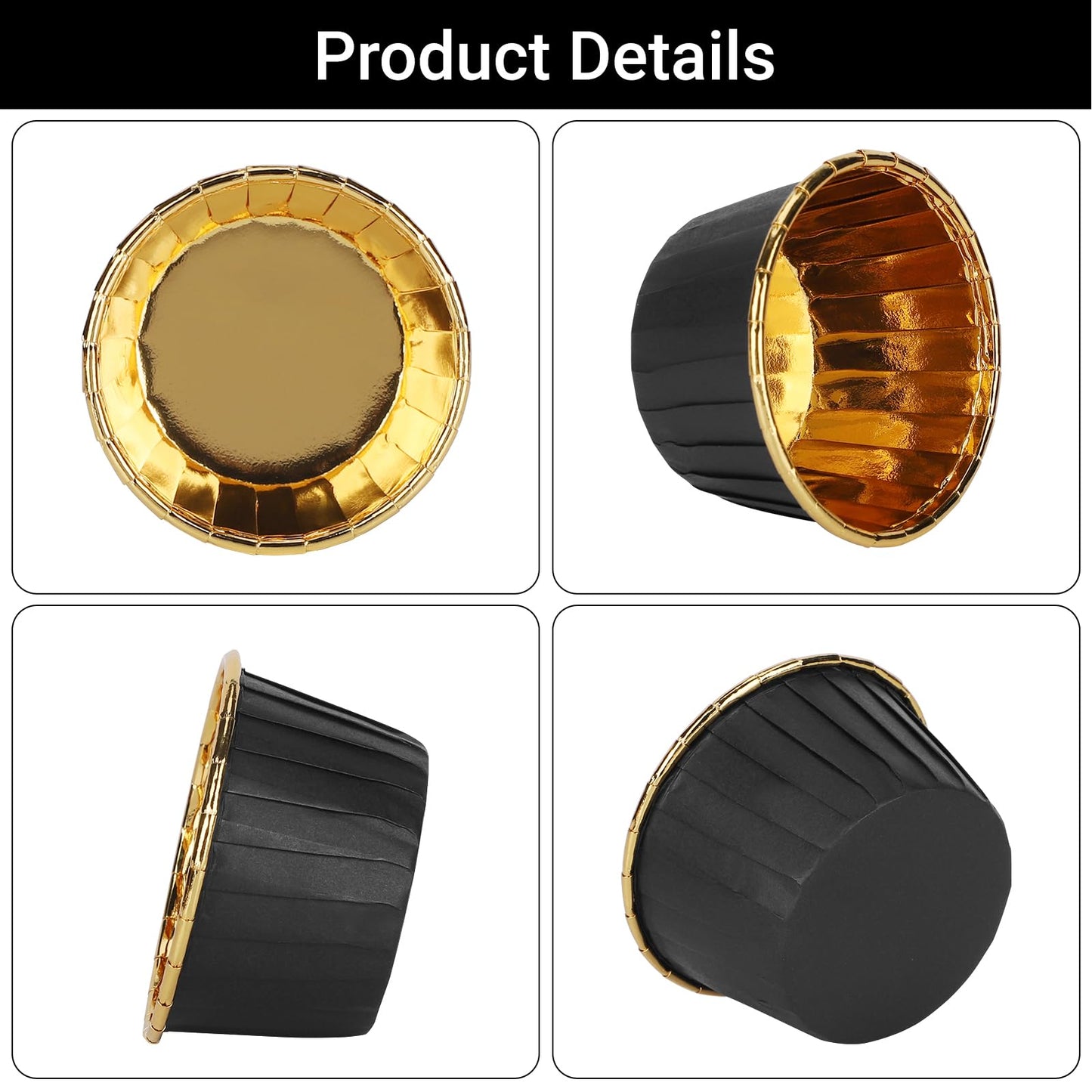 EUSOAR Baking Cups, 200pcs 3.5oz Aluminum Muffin Cupcake Liners Mini Cheesecakes Cups, Disposable Ramekins Foil Dessert Wrappers Paper Cupcake Liners Holder for Birthday Wedding Party-Black/Gold