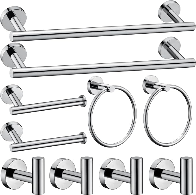 10 Pieces Polished Chrome Bathroom Hardware Accessories Set,Hand Towel Ring,16 inch Towel Bar,Toilet Paper Holder,4pcsTowel Hooks,Round SUS304 Stainless Steel Heavy Duty Wall Mount Holder,Towel Rack