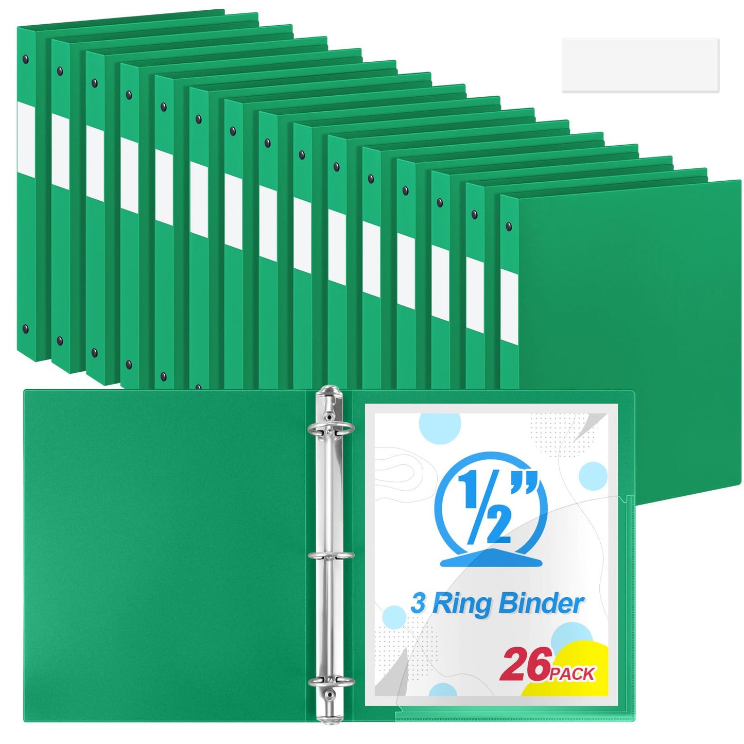 Henoyso 26 Pack 0.5 Inch Plastic 3 Ring Binder Round Ring, Bulk 1/2 Inch Flexible Binders Hold 140 Sheets Letter Size with Pocket, Document Organizer for Back to School Classroom Office (Green)