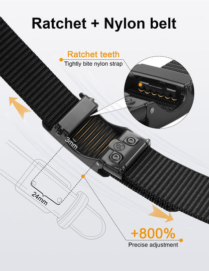 JUKMO Men's 1.5" Nylon Ratchet Belt, Casual Web Click Tactical Belt with Slide Buckle for Jeans, No Holes Adjustable Trim to Fit(Black,Small)