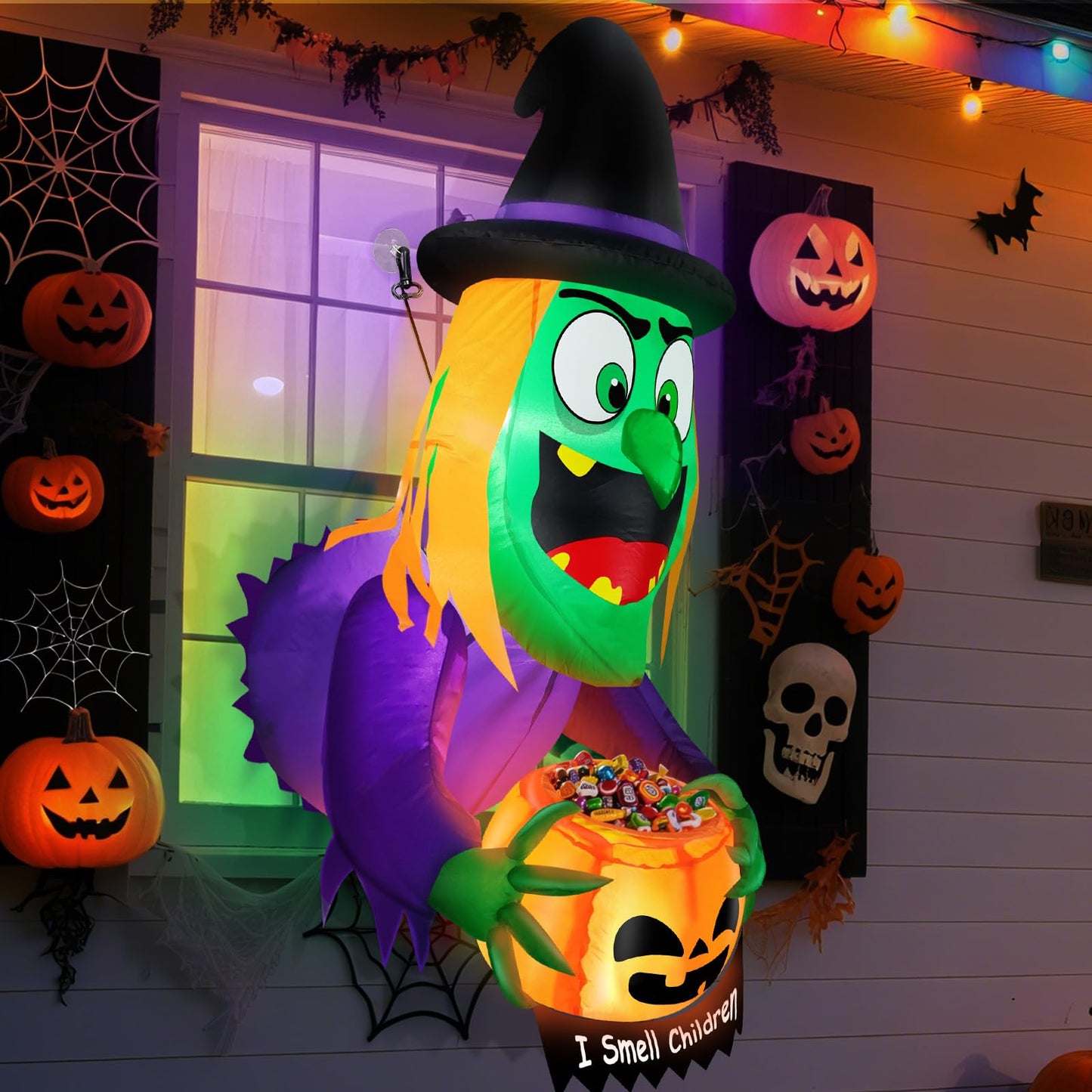 4 Ft Halloween Inflatables Decorations Outdoor Witch Broke Out from Window Blow Up Scary Holding Pumpkin Candy Bucket Build-in LED Halloween Decorations Party Indoor Outside Yard Garden Lawn