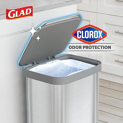 Glad 13 Gallon All Brushed Stainless Steel Trash Can with Clorox Odor Protection | Large Metal Kitchen Garbage Bin with Soft Close Lid, Garbage Bag Rings, Step On Foot Pedal and Waste Bag Roll Holder