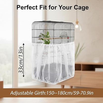 Bird Cage Net Seed Catcher Net Cove White Adjustable Breathable Mesh Parrot Cage Skirt Guard for Parrot Cockatiel Budgie Fits Round Square Cages