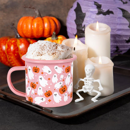 JarThenaAMCS 2 Pcs Halloween Coffee Mug Boo Ghost Pumpkin Enamel Cups with Handle Pink Drinking Mugs for Trick or Treat Birthday Holiday Party Gifts, 12 Oz