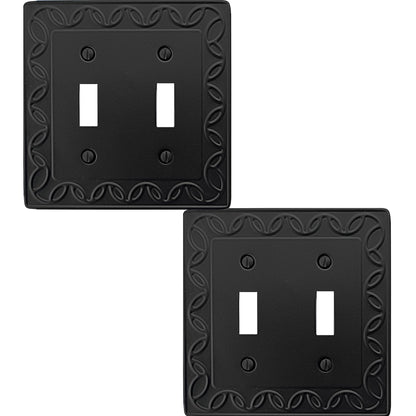 OKAWYC Double Toggle Light Switch Cover NovaBloom Metal Wall Plate, 2-Pack Black 2 Gang, Light Switch Cover Decorative Wallplate, Durable