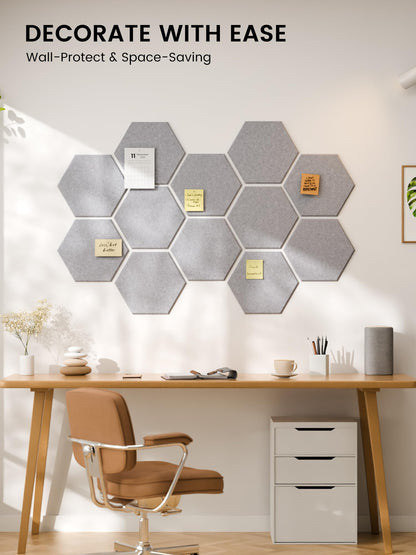 Fluxynara Hexagon Cork Board Alternative for Walls Decor-12-Pack Felt Bulletin Board Tiles,with 30 Pushpins,70 Adhesive Tabs for Office,Classrooms & Home Pin Board Felt Board-Soft Gray