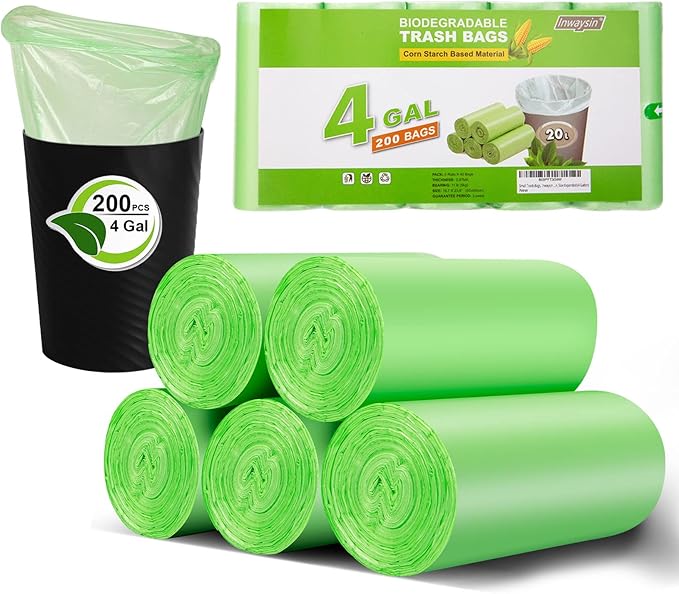 Small Trash Bags 4-6 Gallon, Inwaysin 200 Count Biodegradable Trash Bags 4