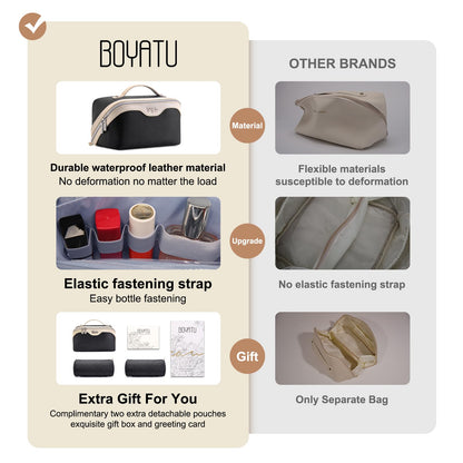 BOYATU Travel Makeup Bag Organizer Cosmetic Bag: 3 Pcs Set Make up Bags for Women with Handle - Waterproof Vegan Leather Toiletry Bags Travel Essentials Pouch with Compartments (A-01-Black)