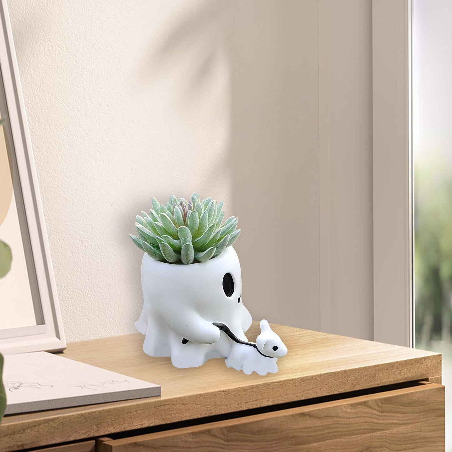 Dvehdbay Halloween Ghost Walking Dog - White Ghost Bucket, Ghost Planter, Ghost Bucket Vase, Halloween Ghost Decor with Ghost Walking Dog, Ghost Candy Bowl Bucket for Home Decor, Outdoor Decoration