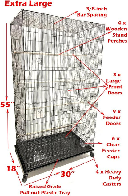 55" Extra Large Tight 3/8-Inch Bar Spacing Multiple Flight Bird Aviaries Budgie Canaries Finches Lovebirds Budgies Breeding Breeder Cage with Removable Rolling Stand