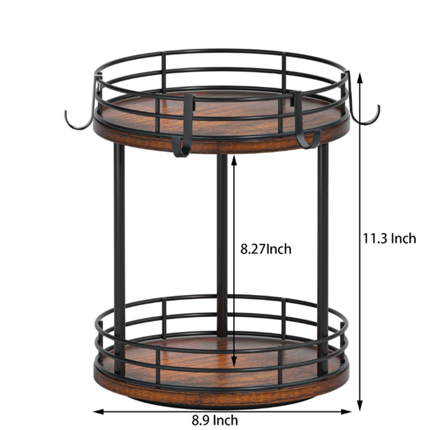 Yelinkws Rotating Coffee Mug Holder Rack Stand, 2 Tier Wooden Coffee Station Bar Organizer for Countertop, Spinning Kitchen Counter Organizer, Mug Shelf with 6 Hooks, Rustic Brown and Black