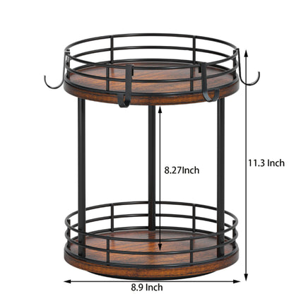 Yelinkws Rotating Coffee Mug Holder Rack Stand, 2 Tier Wooden Coffee Station Bar Organizer for Countertop, Spinning Kitchen Counter Organizer, Mug Shelf with 6 Hooks, Rustic Brown and Black