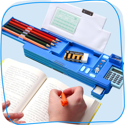 LilyBeauty Multifunction Pencil Case with Calculator, Pencil Sharpener and Curriculum, Multiple Cute Patterns, Suitable for Elementary School Girls, Boys, Great Gifts for Kids (Blue)