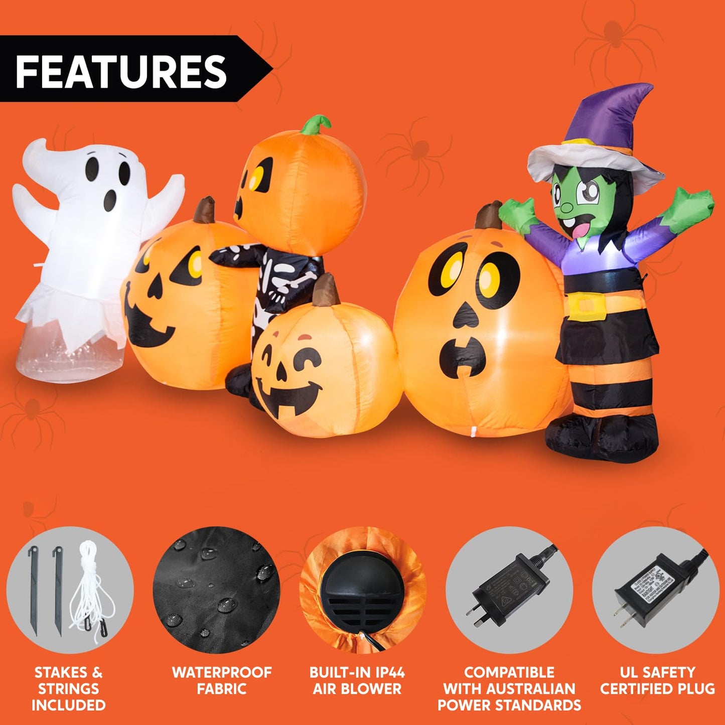 Joiedomi 8 ft Long Halloween Inflatable Three Characters and Pumpkin Patch Outdoor Decoration, Blow Up Inflatables Witch Ghost Skeleton Yard Decorations with LEDs for Party Yard Lawn Garden Decor