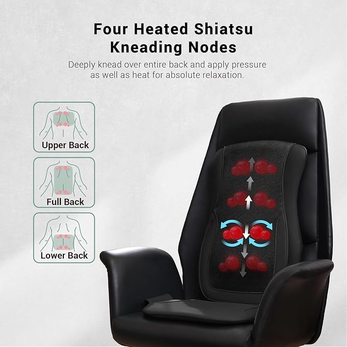 Mynt Black Acupressure Massage Chair Pad with 4 Deep Kneading Nodes, Shiatsu Back Massager for Chair with Heat, Heated Back Massage with a Cushion for Deep Tissue, Gift for Christmas