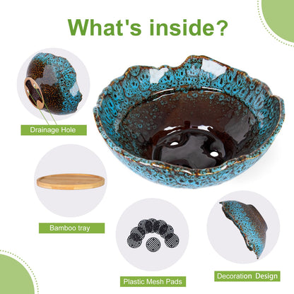 ARTKETTY Bonsai Pots - 9.06 Inch Large Plant Pots, Unique Succulent Pots with Drainage Tray, Ceramic Planters for Indoor Cactus Flower Plants Round Bonsai Tree Pots Decorative Home Office