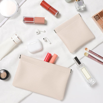 Sightor Leather Pocket Cosmetic Bag for Purse, 2 Pack Small Makeup Bag for Women Coin Purse Lipstick Cosmetic Accessories Organizer Travel Cosmetic Pouch (Creamy)