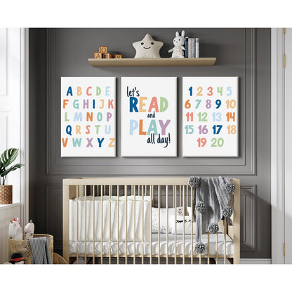 Kids Playroom Wall Art Decor Alphabet Poster Play Room Canvas Wall Decor ABC Nursery Wall Art 123 Toddler Poster Let's Read for Boy Girl Room 12x16 Inch Framed Set of 3