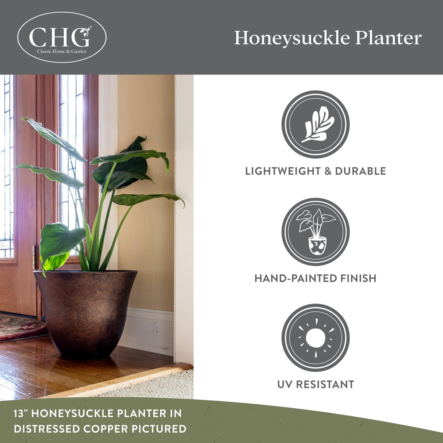 Classic Home and Garden Honeysuckle Resin Planters - Lightweight Indoor & Outdoor Plant Pots - UV-Resistant Plastic Flower Pots - Pot Planters for Flowers & Herbs (15" Tequila Sunrise)