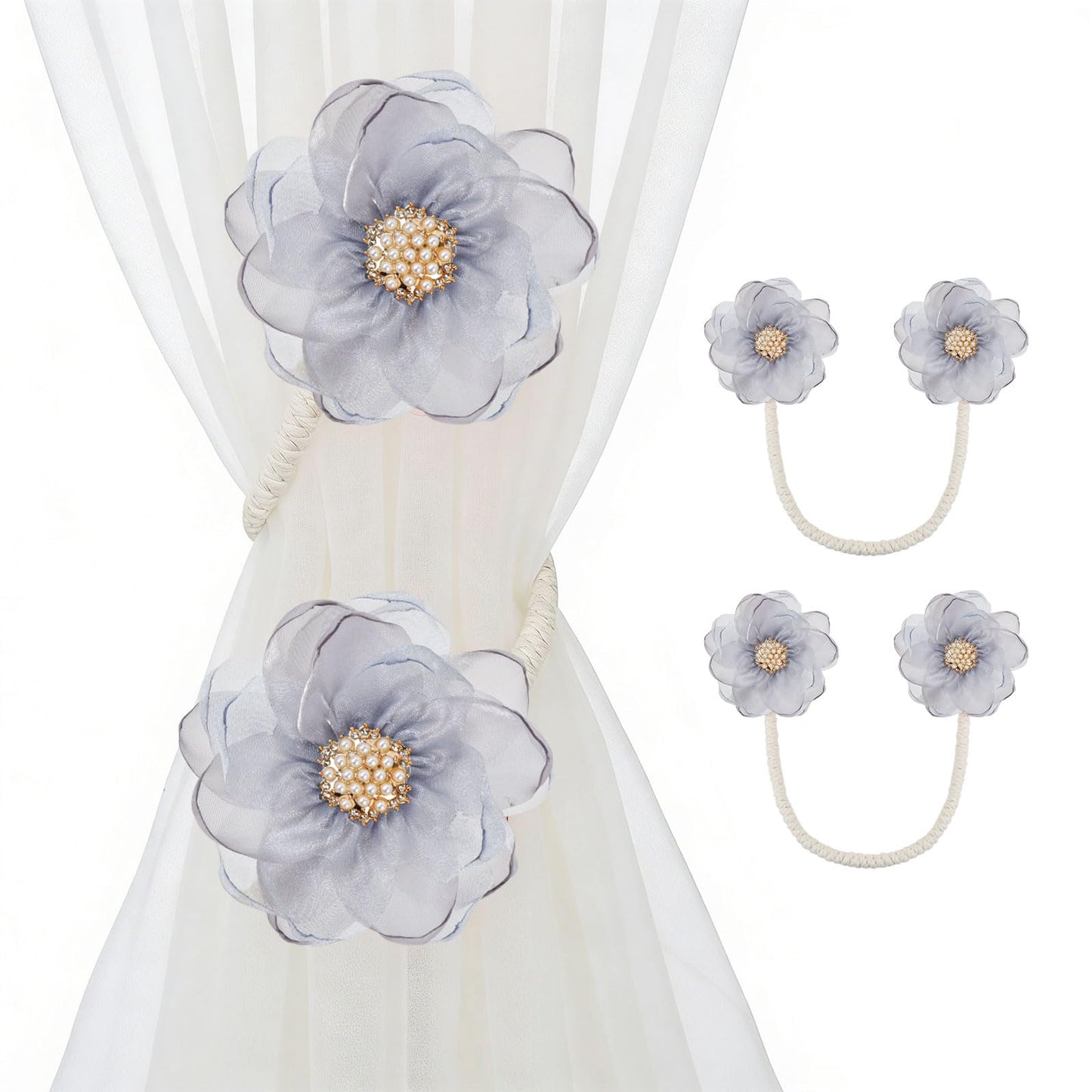 AULEEP 2 Pack Flower Curtain Tiebacks, No Drill Curtain Tie Backs for Drapes, Premium Fabric Curtain Ties, Decorative Curtain Hoodbacks for Home Living Room Bedroom Office, Light Gray