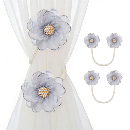 AULEEP 2 Pack Flower Curtain Tiebacks, No Drill Curtain Tie Backs for Drapes, Premium Fabric Curtain Ties, Decorative Curtain Hoodbacks for Home Living Room Bedroom Office, Light Gray